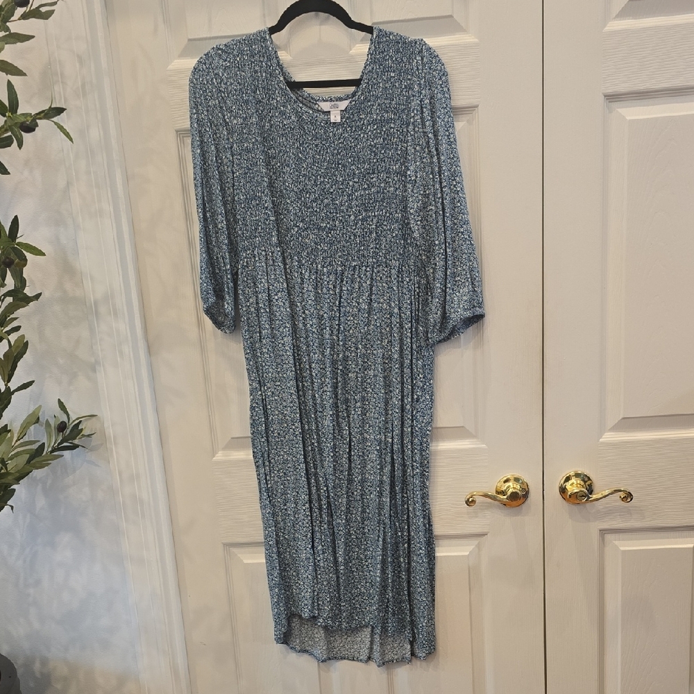 croft & barrow Blue Floral Midi Dress with Smocked Bodice